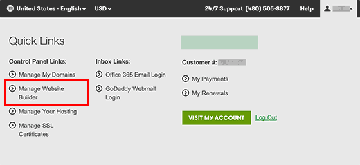 Manage website builder in GoDaddy account