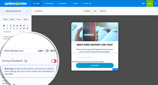 Adding privacy policy checkbox to OptinMonster campaigns