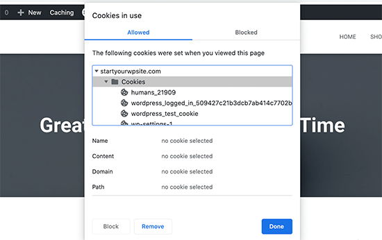 Cookies stored by a WordPress website