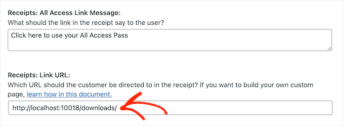 Customizing the purchase receipts link for a digital download