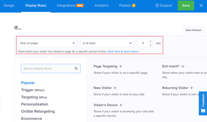 OptinMonster Time on Page Setting