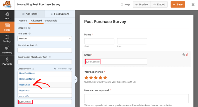 Entering the User Email Smart Tag in WPForms