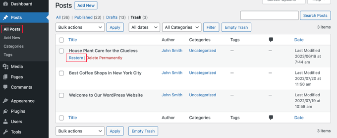 Restoring a Post From the Trash