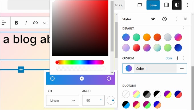Creating a custom gradient color in WordPress Full Site Editor